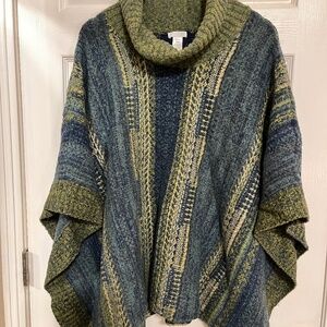 J. Jill Heavy Boho Cotton wool Blend Teal Blue Green High Neck Poncho, One Size